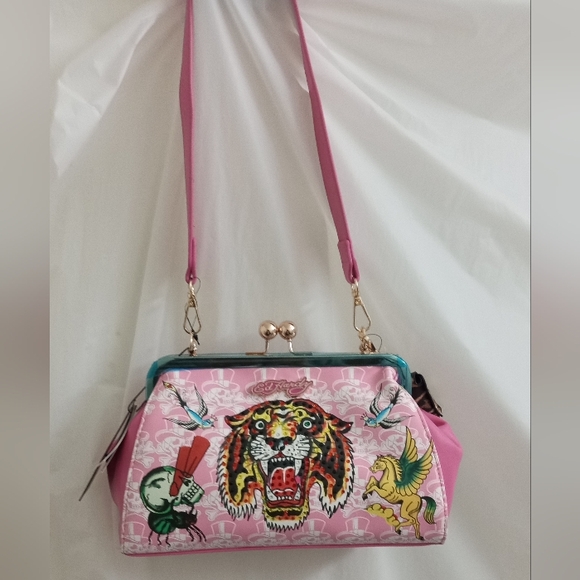 Ed Hardy Pink Rhinestone Siberia Hill Tiger Kiss Lock Frame Tattoo Charm Satchel - Picture 3 of 15